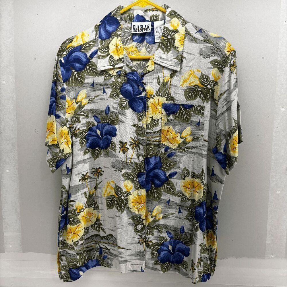 Vintage 80s Bill Blass Rayon Hawaiian Floral Hibiscus Shirt Blue Yellow‎ Mens M